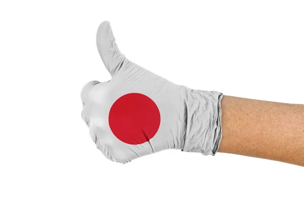 Japan Flagga Medicinsk Handske Visar Tummen Upp Tecken — Stockfoto