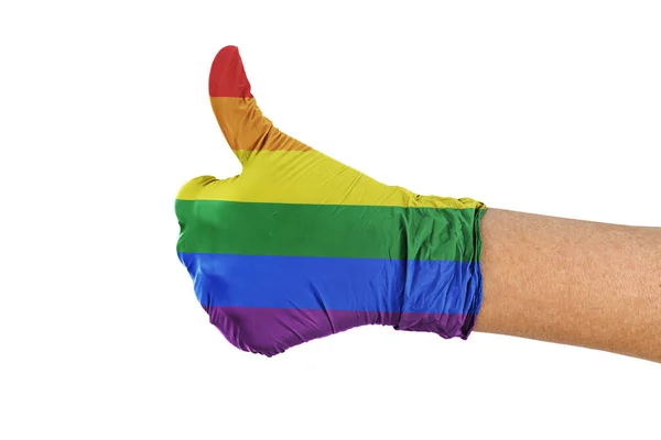 Bandeira Lgbt Uma Luva Mostrando Polegares Para Cima Sinal — Fotografia de Stock