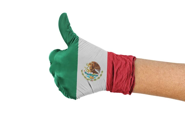 Mexiko Flagge Auf Medizinischem Handschuh Zeigt Zeichen Nach Oben — Stockfoto