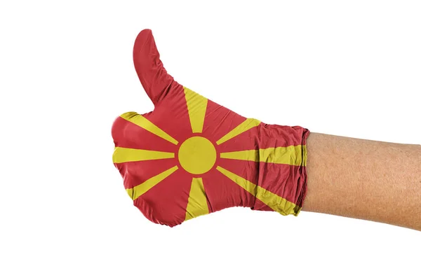 Bandera Macedonia Del Norte Guante Médico Con Pulgares Hacia Arriba — Foto de Stock