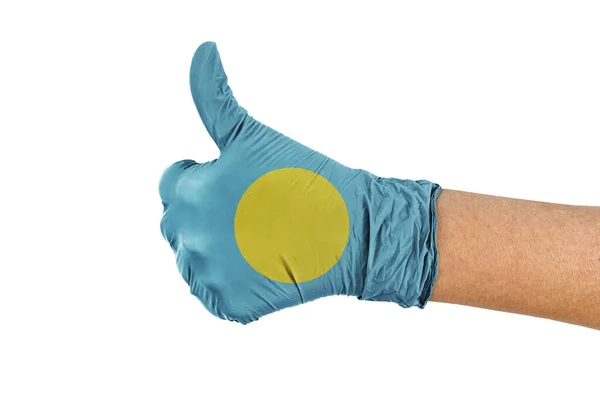 Flaga Palau Rękawiczce Pokazującej Kciuki Góry Znak — Zdjęcie stockowe
