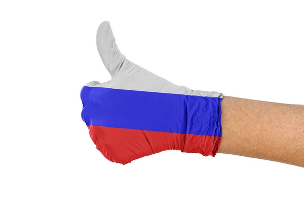 Rusland Vlag Een Medische Handschoen Met Duimen Omhoog Teken — Stockfoto