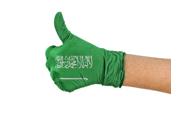 Flaga Arabii Saudyjskiej Rękawiczce Medycznej Napisem Kciuki Góry — Zdjęcie stockowe