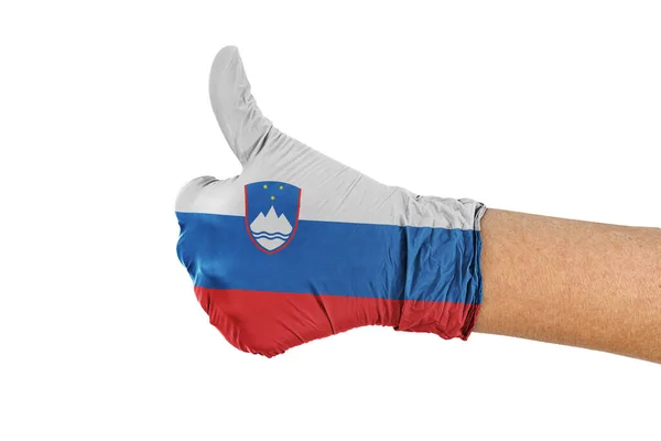 Slovenia Flag Medical Glove Showing Thumbs Sign — Stock Photo, Image