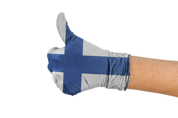 Finnland Flagge Auf Medizinischem Handschuh Zeigt Zeichen Nach Oben — Stockfoto