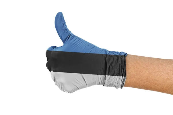 Флаг Эстонии Медицинской Перчатке Поднятыми Большими Пальцами — стоковое фото