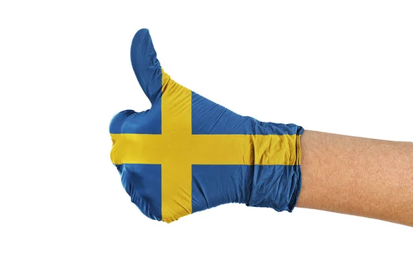 Σημαία Σουηδίας Ιατρικό Γάντι Που Δείχνει Τους Αντίχειρες Προς Πάνω — Φωτογραφία Αρχείου