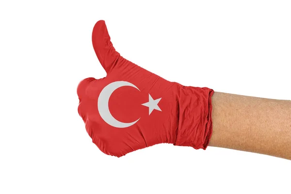 Türkei Flagge Auf Medizinischem Handschuh Zeigt Zeichen Nach Oben — Stockfoto