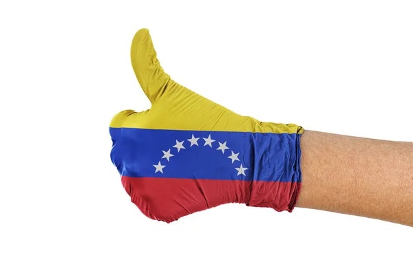 Флаг Венесуэлы Медицинской Перчатке Показывает Большой Палец Вверх — стоковое фото
