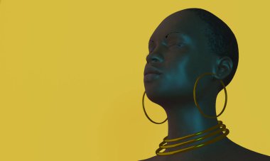 3D, siyah bir kadını boynu ve kulaklarında altın halkalar ile gözleri kapalı tasvir eder.