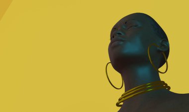 3D, siyah bir kadını boynu ve kulaklarında altın halkalar ile gözleri kapalı tasvir eder.