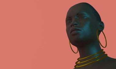 3D, siyah bir kadını boynu ve kulaklarında altın halkalar ile gözleri kapalı tasvir eder.