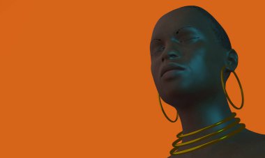 3D, siyah bir kadını boynu ve kulaklarında altın halkalar ile gözleri kapalı tasvir eder.