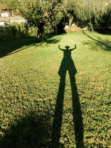 shadow of a man with a hat on a meadow that is lengthened by the sun\'s rays at dusk