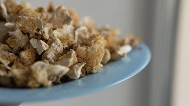 Hericium erinaceus 'un kurumuş meyve veren vücutları. Mantar aslanının yelesinin meyveli gövdelerinin bileşiminde kullanışlı maddeler. Erinacins ve Hericenones