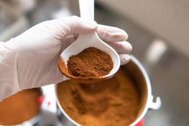 Pudralanmış Chaga mantar tozu. Çay demlemek için mantar mantarı.