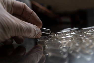 Kapsül dolum makinesi. Beslenme takviyeleri için şeffaf kapsüller.