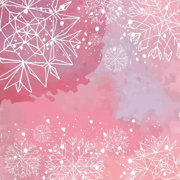 Fondo Acuarela Rosa Con Nieve Copos Nieve Estilo Doodle — Foto de Stock