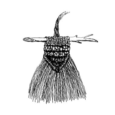   Bir dala asılı güzel bir boho makrome duvar, ev dekorasyonu elle çizilmiş vektör çizimi.