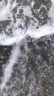 Deniz köpüğü dalgası kumlu sahili yıkar.