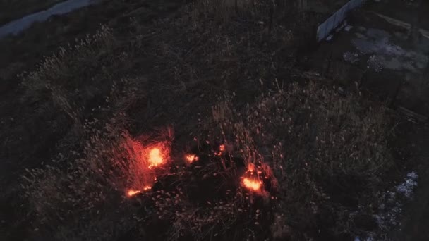 Evening fire in a field near the city. Burning reeds near houses. Seasonal fires in the steppe area. Fire element as a consequence of arbitrary bonfires. Drone video. — Stock Video