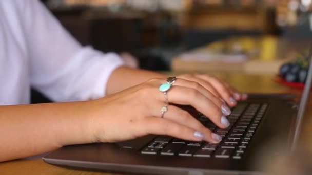 La cámara se desliza alrededor de las manos freelancers femeninas escribiendo en el teclado del ordenador portátil en la cafetería. Empresaria que trabaja en la oficina con internet. mujer busca un nuevo trabajo en internet en coffeeshop. Movimiento lento. — Vídeos de Stock