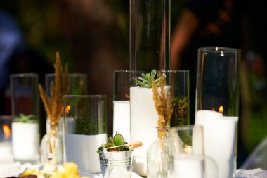 Çam ormanında düğün ziyafeti. Boho tarzında dekore edilmiş yemek masaları cam vazolarda mumlar, beyaz bez, sulu çiçekler. Tatil için eko organik çiçek kompozisyonu dekoru.