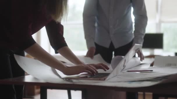 Man and the woman in the office discuss the project and make changes. Male and female engineers working on a project, considering the schematics, taking notes on the laptop. — Stock Video