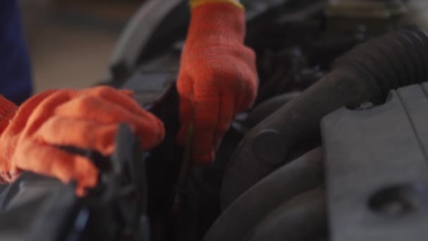Mecánica femenina inspeccionando el nivel de aceite del motor. Mujer en overoles y guantes de protección comprueba el motor y los componentes en el servicio de reparación de automóviles. Fijación de averías del vehículo en taller moderno. — Vídeo de stock