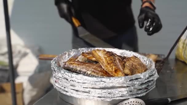 Cook puts fresh fried fish fillet on a plate. Grilled seafood. Catering food service on in restaurant or hotel. Food preparation on birthday, wedding celebration or business conference event venue. — Stock video