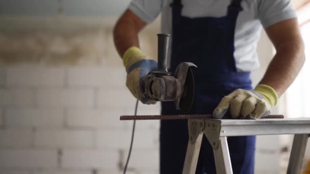 Professional Construction Workers Hands Work Gloves Using Angle Grinder Cut — Stock Video