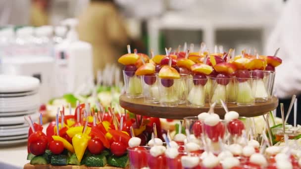 Catering Service Banquet Table Canape Snacks Restaurant Hotel Decorated Food — Vídeo de stock