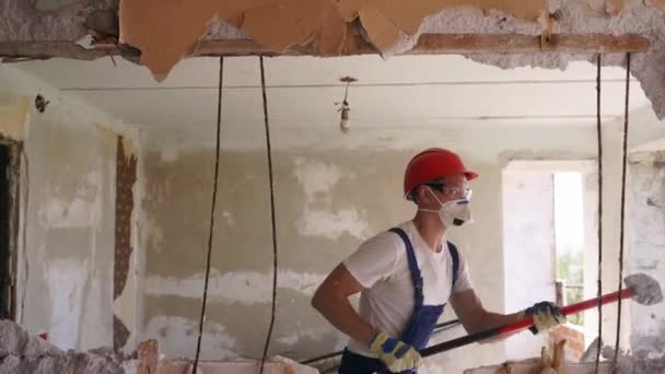 Man Doing Manual Dismantling Demolition Works Big Hammer Hits Apartment — Stock Video