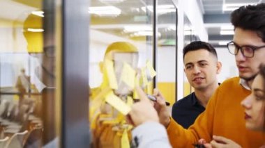 İşletme ekibi kağıt yapışkan notlara fikirler yazıp cam duvara yapıştırıyor. Girişimci iş arkadaşları şirket ofisinde yapılan toplantıda ürün geliştirme stratejisini tartıştılar.