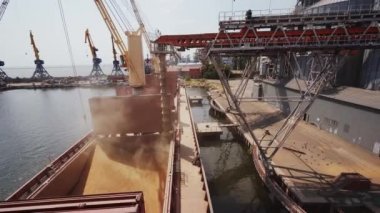 2021-06-09 Mariupol, Ukrayna. Ukrtransagro LLC. Limandaki deniz tahıl terminalindeki yük konteynırına buğday yükleme. Tahıl sevkiyatı. Dünya gıda zinciri sorunları ve açlık krizi kavramı.