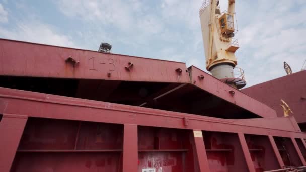 Marin Ouvre Des Cales Cargaison Sur Vraquier Terminal Céréalier Port — Video