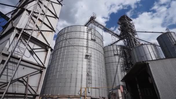 海港の近代的な穀物エレベーターターミナル 金属タンクや穀物乾燥のコンベア 港で複雑なサイロを処理します 小麦の積込み 出荷および輸送施設 — ストック動画