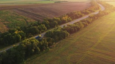 Yaz günbatımında güzel bir kırsalda, yolda giden tahıl kamyonunun hava görüntüsü. Kırsal alanda tarımsal alanlar ve ağaçlarla otoyol boyunca giden bir kamyonun insansız hava aracı görüntüsü.