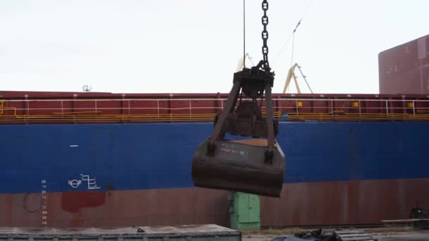 Μεταφορά Σιτηρών Από Εμπορευματοκιβώτιο Πλοίο Αμπάρια Διπλό Σχοινί Διπλή Λαβίδα — Αρχείο Βίντεο