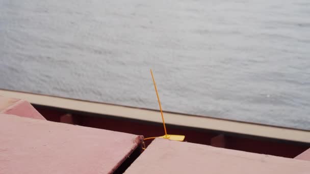 在海港海上谷物码头的散装货船上安装了黄色的保护铅封 以安全地锁住装有小麦的货舱 逻辑学家加速器为运输安装了集装箱门锁 — 图库视频影像