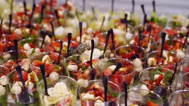 Catering Service Banquet Table Canape Snacks Restaurant Hotel Decorated Food — Wideo stockowe