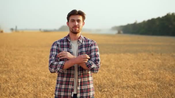 Portrait Happy Farmer Standing Ripe Wheat Field Arms Crossing Chest — Stock Video