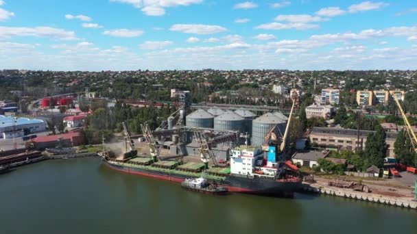 Luchtfoto Van Tarwebelading Naar Bulkerschip Vrachtruim Bij Zeegraanlift Zeehaven Tarwe — Stockvideo