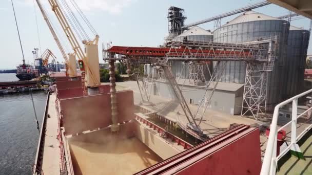在海港的海运谷物码头向舱载货物集装箱装载谷物 小麦在海港通过树干从筒仓运往散装货船 农业收获商品的运输 — 图库视频影像
