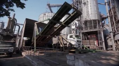 2021-06-09 Mariupol, Ukrayna. Ukrtransagro LLC. Tahıl kamyonu, deniz limanındaki tahıl asansöründe yükselen hidrolik platforma yükleme yapıyor. Tarım malları taşımacılığı ve sevkiyatı.