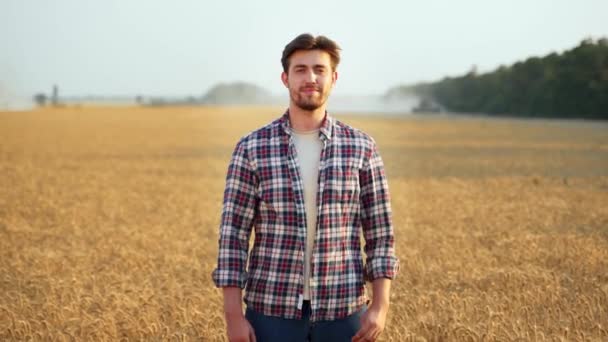 Olgun Buğday Tarlasında Göğsünde Kolları Çapraz Duran Mutlu Çiftçinin Portresi — Stok video