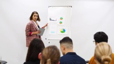 İş kadını antrenörü sunar konferans salonundaki çizelgelerde şemaları gösterir. Proje yöneticisi ofisteki çalışanlara sunum yapacak. Kadın öğretmen ana sınıfı yönetiyor..