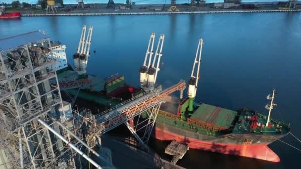 Aerial Wheat Loading Bulker Ship Cargo Hold Sea Grain Elevator — Stock Video