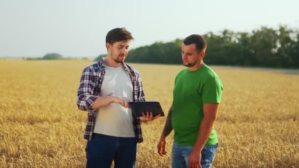 Boer Handelaar Ondertekenen Overeenkomst Graanvoorziening Handen Schudden Tarweveld Agronomist Bespreken — Stockvideo