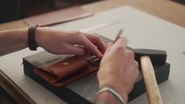 Leather Craftsman Works His Workshop Master Making Leather Wallet Man — Stock Video